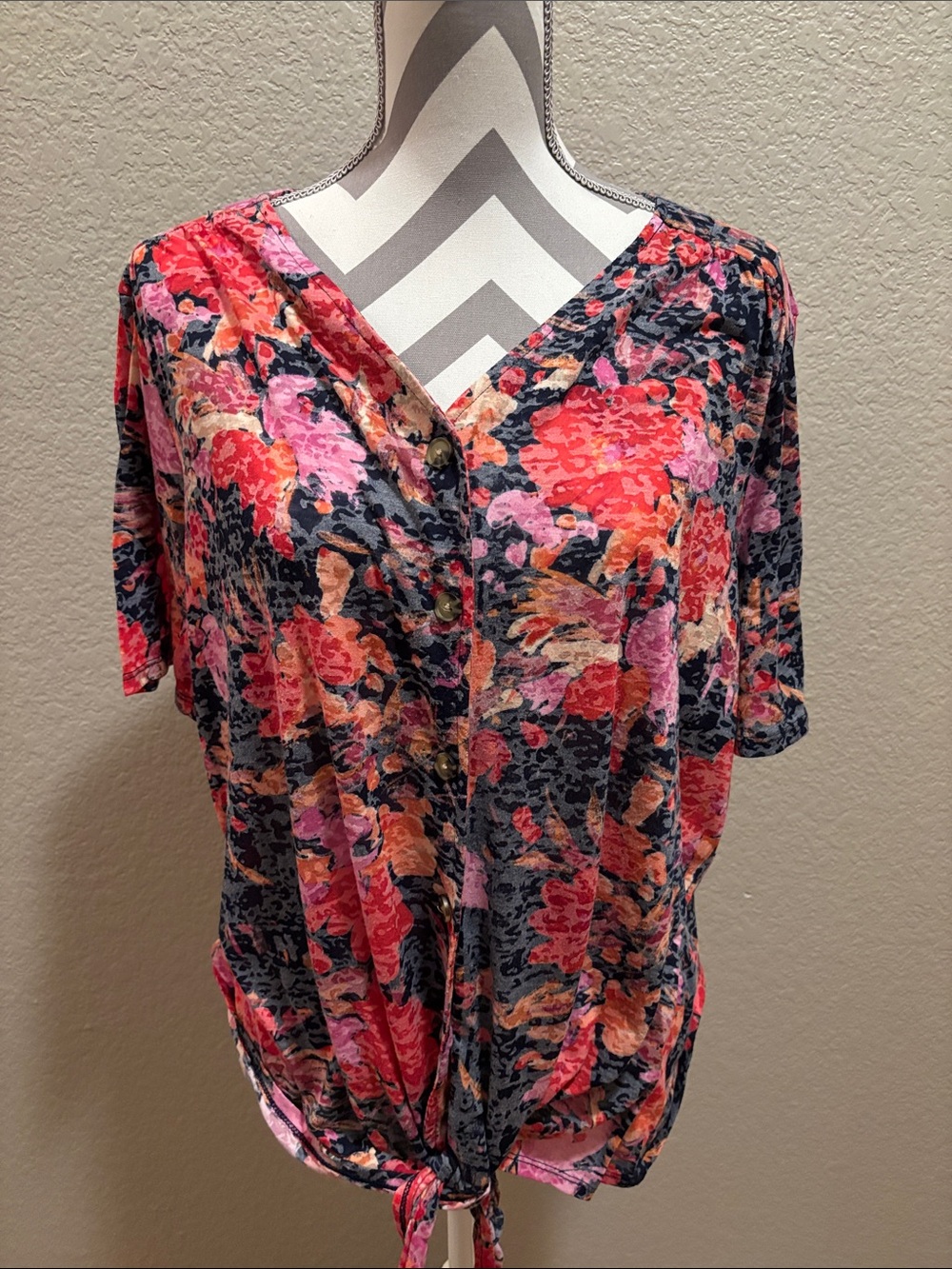 Cato Pink Multi Floral Tie-Front V-Neck Blouse